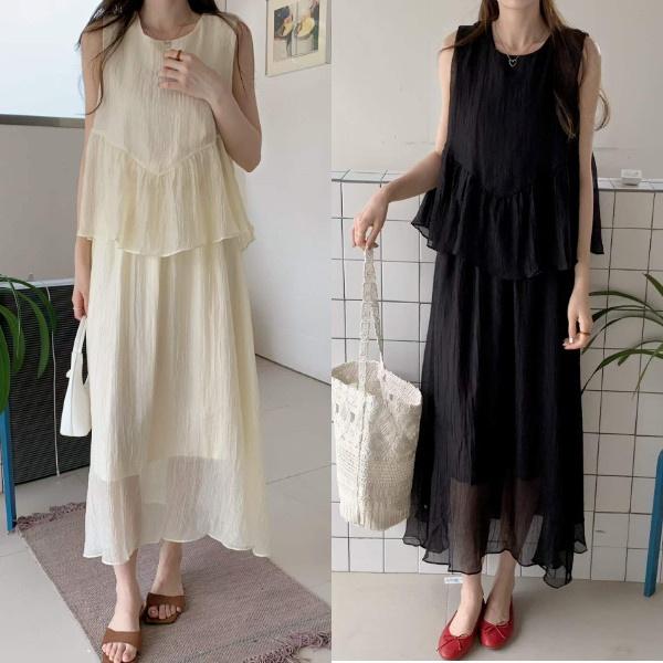 ナチュラルフィット キャミソール シフォン ロング ワンピース 夏 サマー ホリデイルック ミセス デート お出かけルック